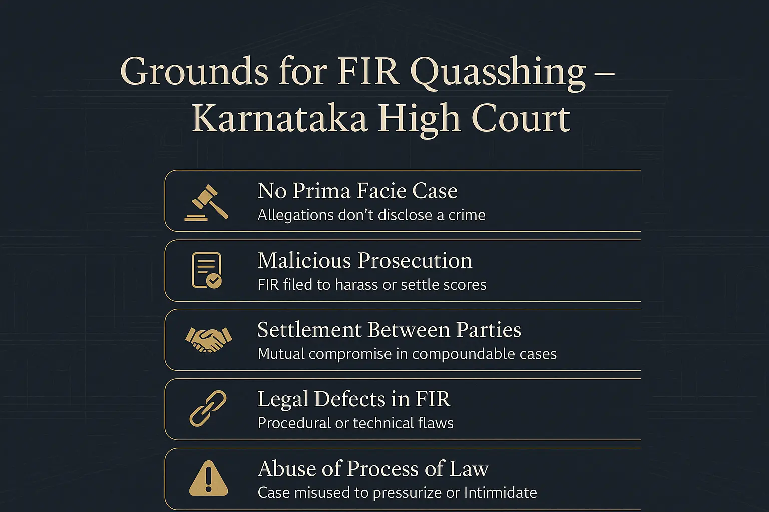 Infographic on top 5 legal grounds for FIR quashing in Karnataka High Court including no prima facie case and malicious prosecution 