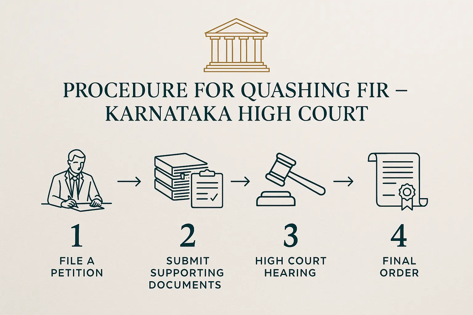 Infographic explaining 4 steps in FIR quashing process in Karnataka High Court including petition filing and hearing