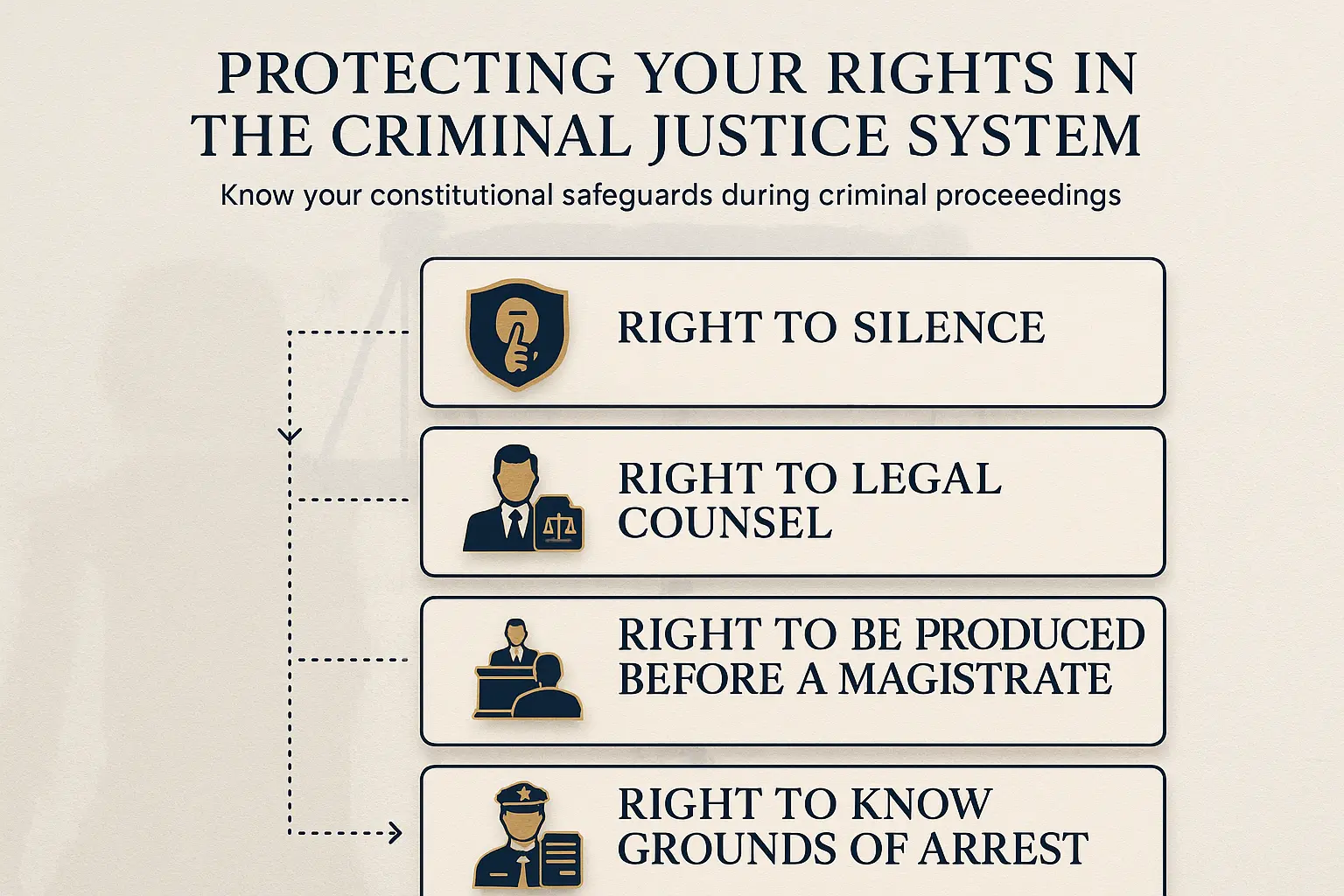 Infographic explaining legal rights in the criminal justice system in India – right to silence, counsel, magistrate appearance, and arrest grounds
