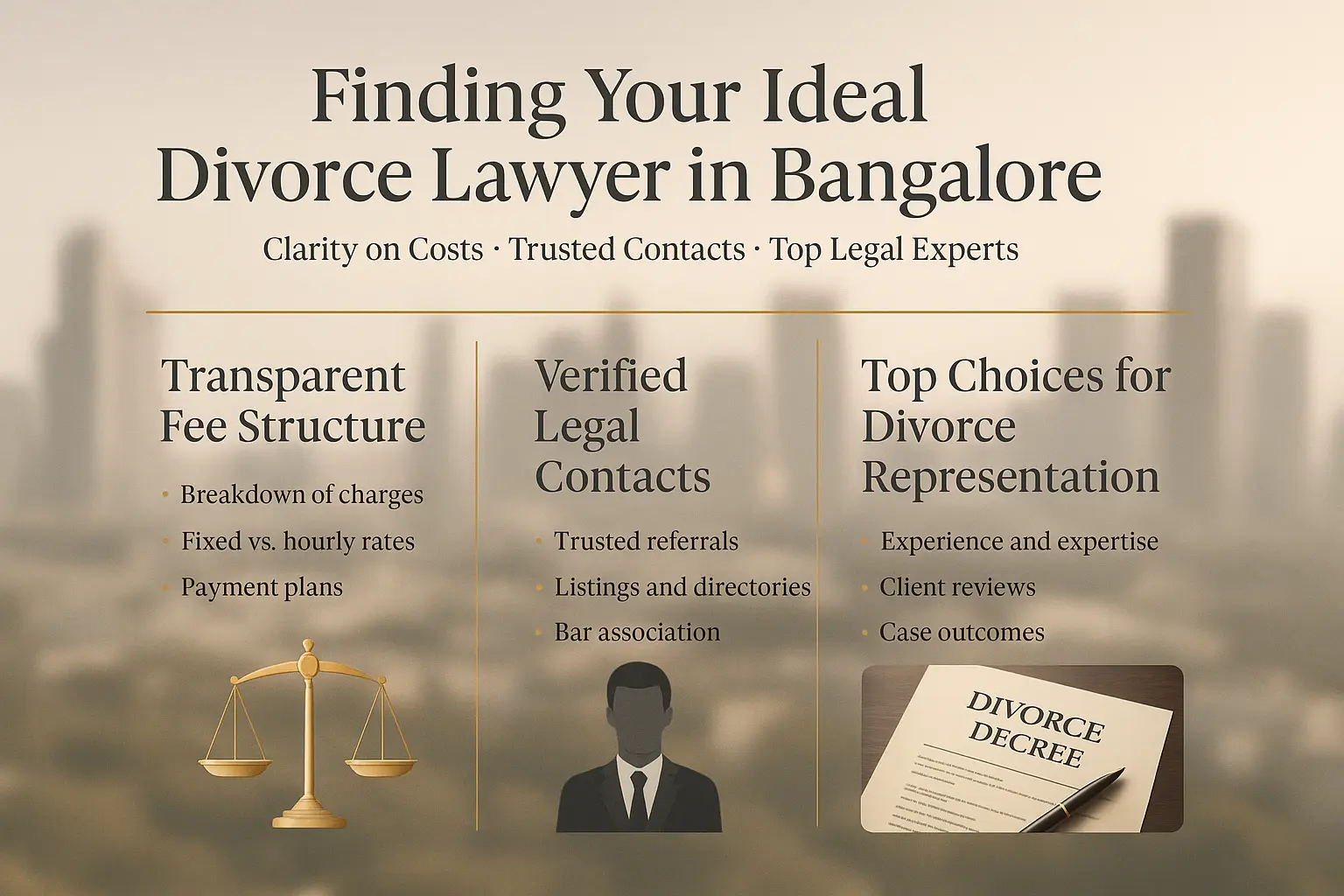 Infographic showing trusted divorce lawyers in Bangalore with fee range, contact icons, and top-rated lawyer sections in an elegant premium design. 