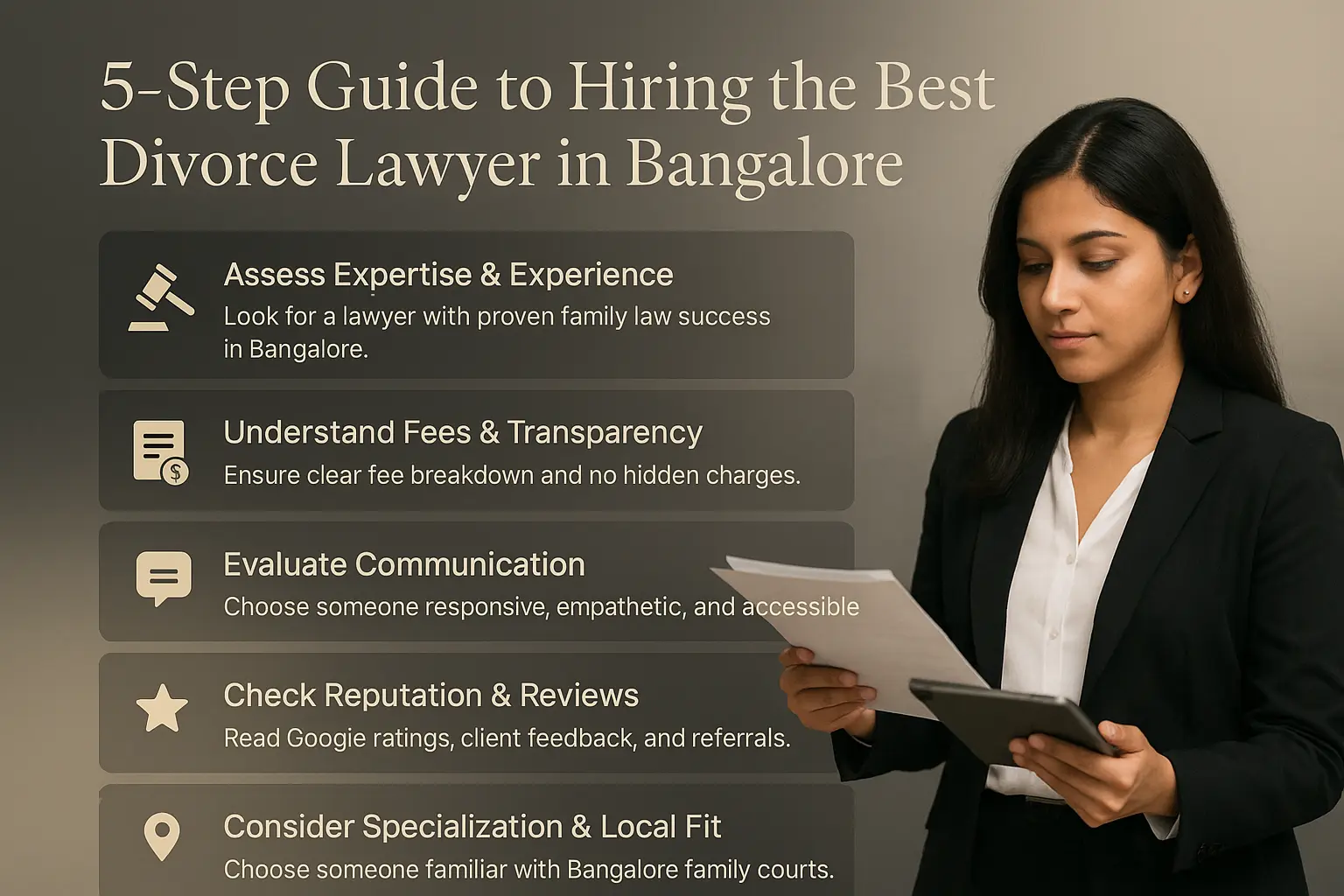 Infographic showing 5-step guide to finding the best divorce lawyer in Bangalore, including expertise, fees, communication, reviews, and local fit.