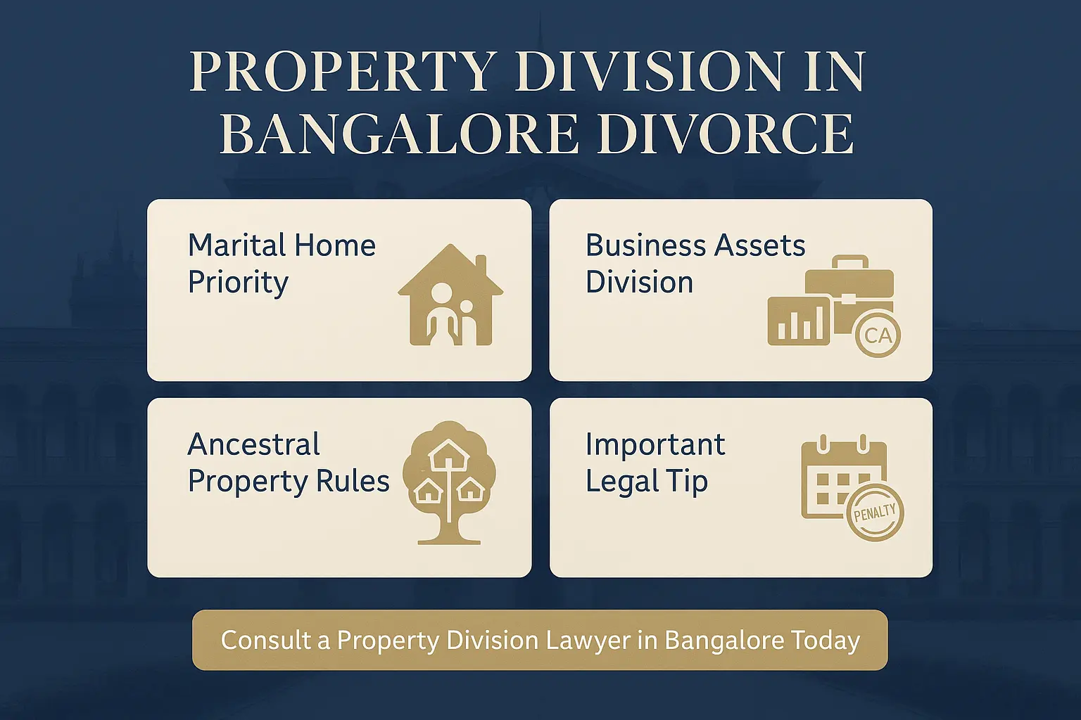 Property division in Bangalore divorce – wife’s rights to marital home, business assets, ancestral property, and registration penalty rules