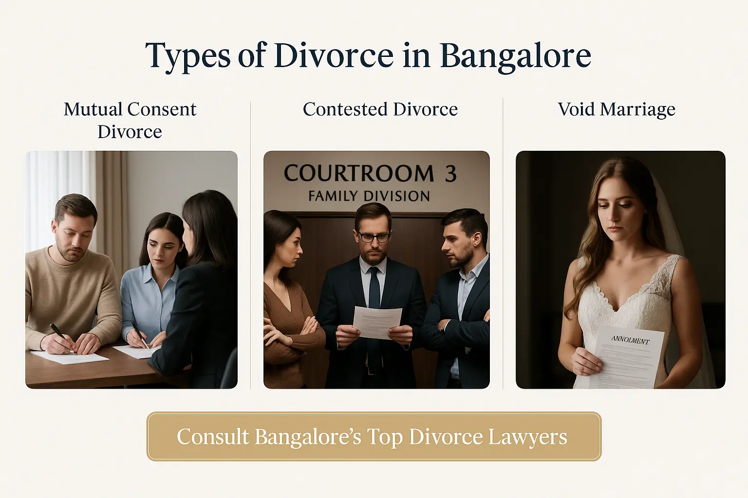 Types of divorce in Bangalore infographic – mutual consent, contested divorce, and void marriages explained with icons and legal visuals 