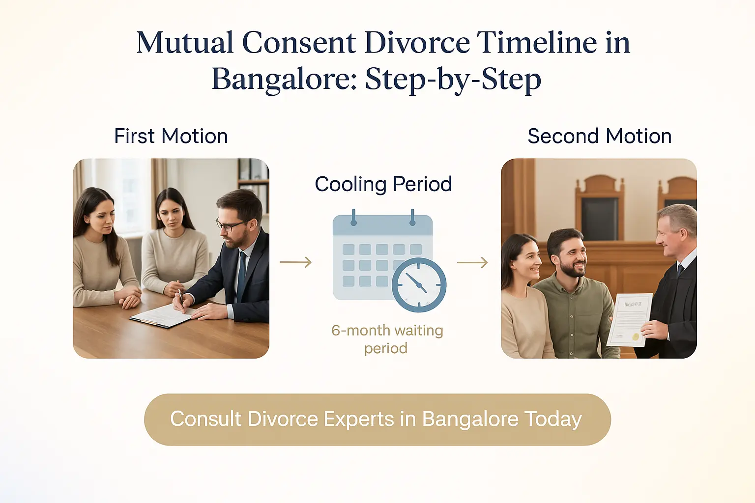 Mutual consent divorce timeline Bangalore infographic – step-by-step guide showing first motion, cooling period, second motion with legal visuals 