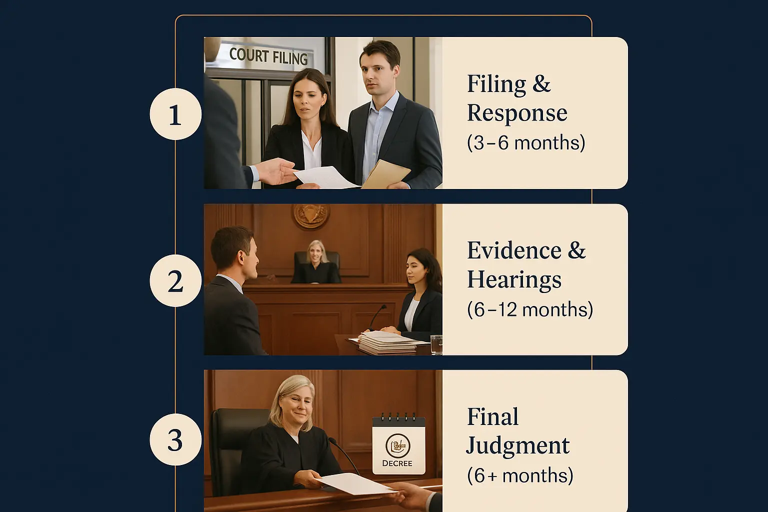 Contested divorce duration in Bangalore infographic showing realistic legal timelines including filing, hearings, and final judgment