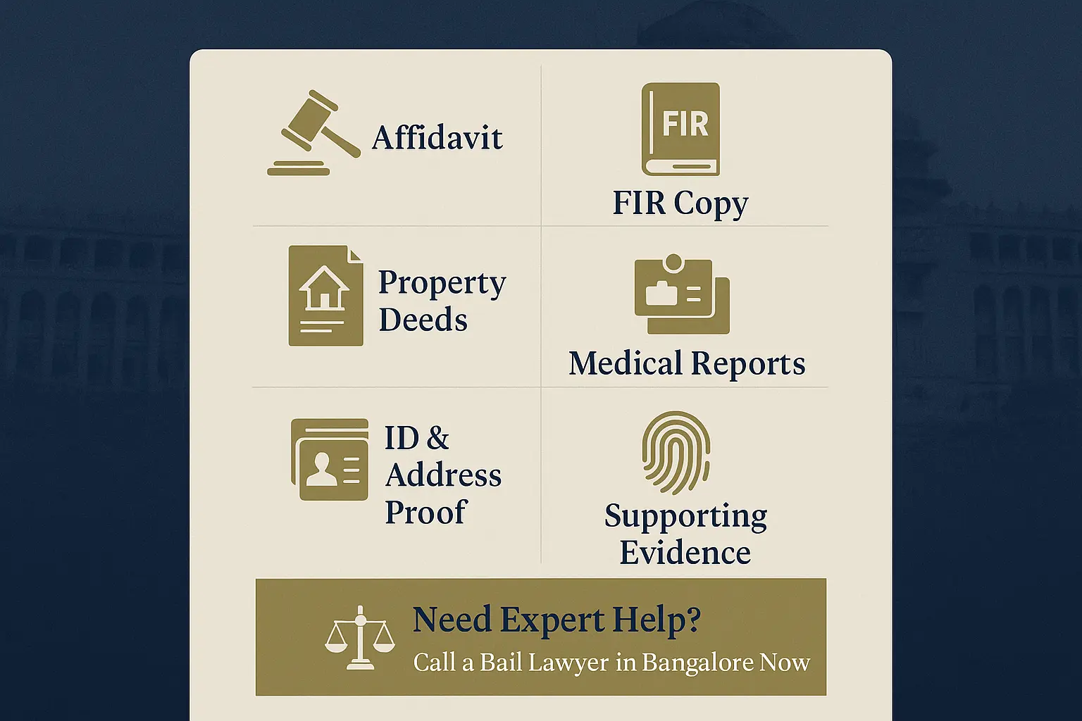 Infographic showing documents required to apply for anticipatory bail in Bangalore, including affidavit, FIR copy, ID proof, and supporting evidence. 