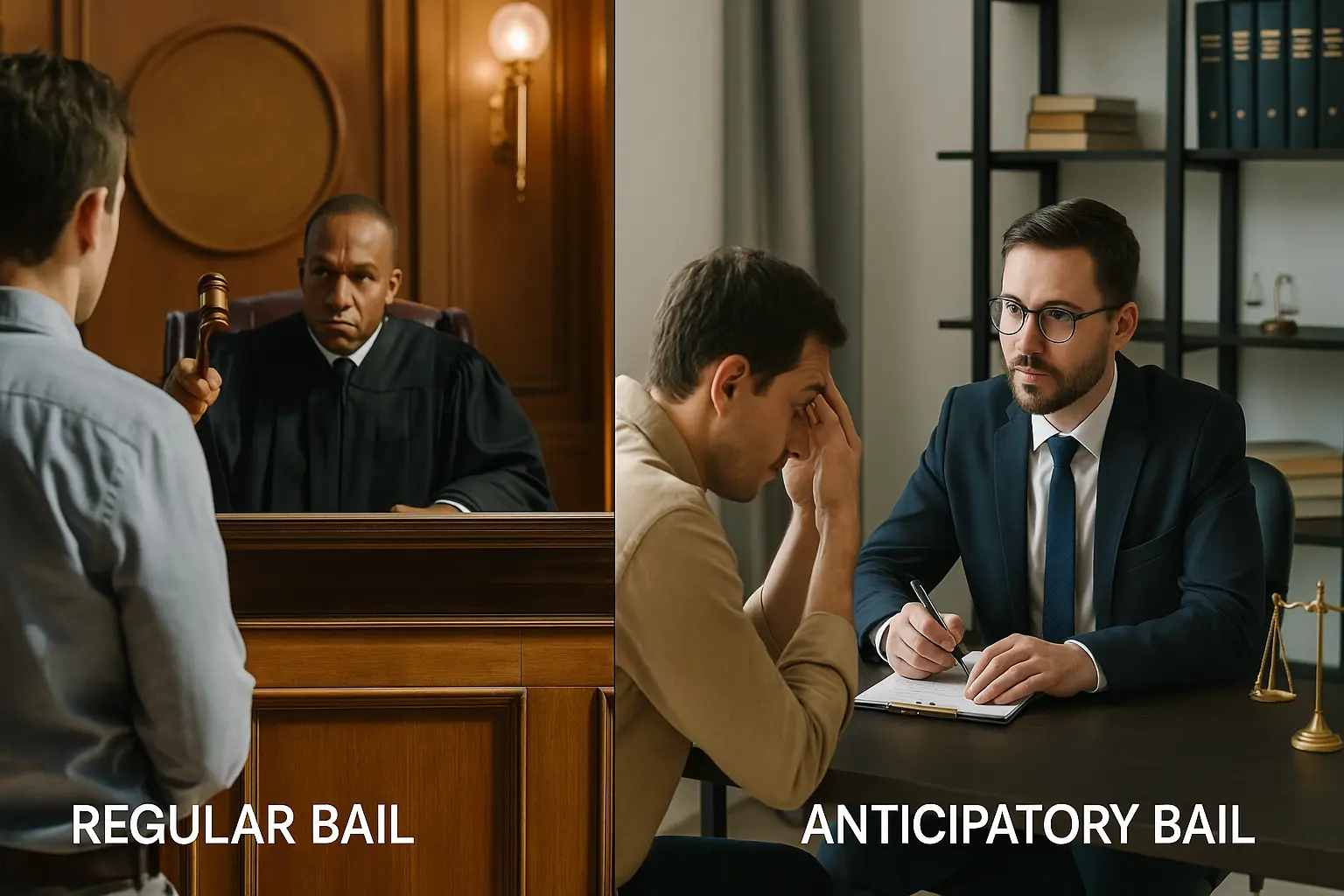Visual comparison of Regular Bail and Anticipatory Bail showing courtroom scene with judge granting bail and lawyer advising client on anticipatory bail in office