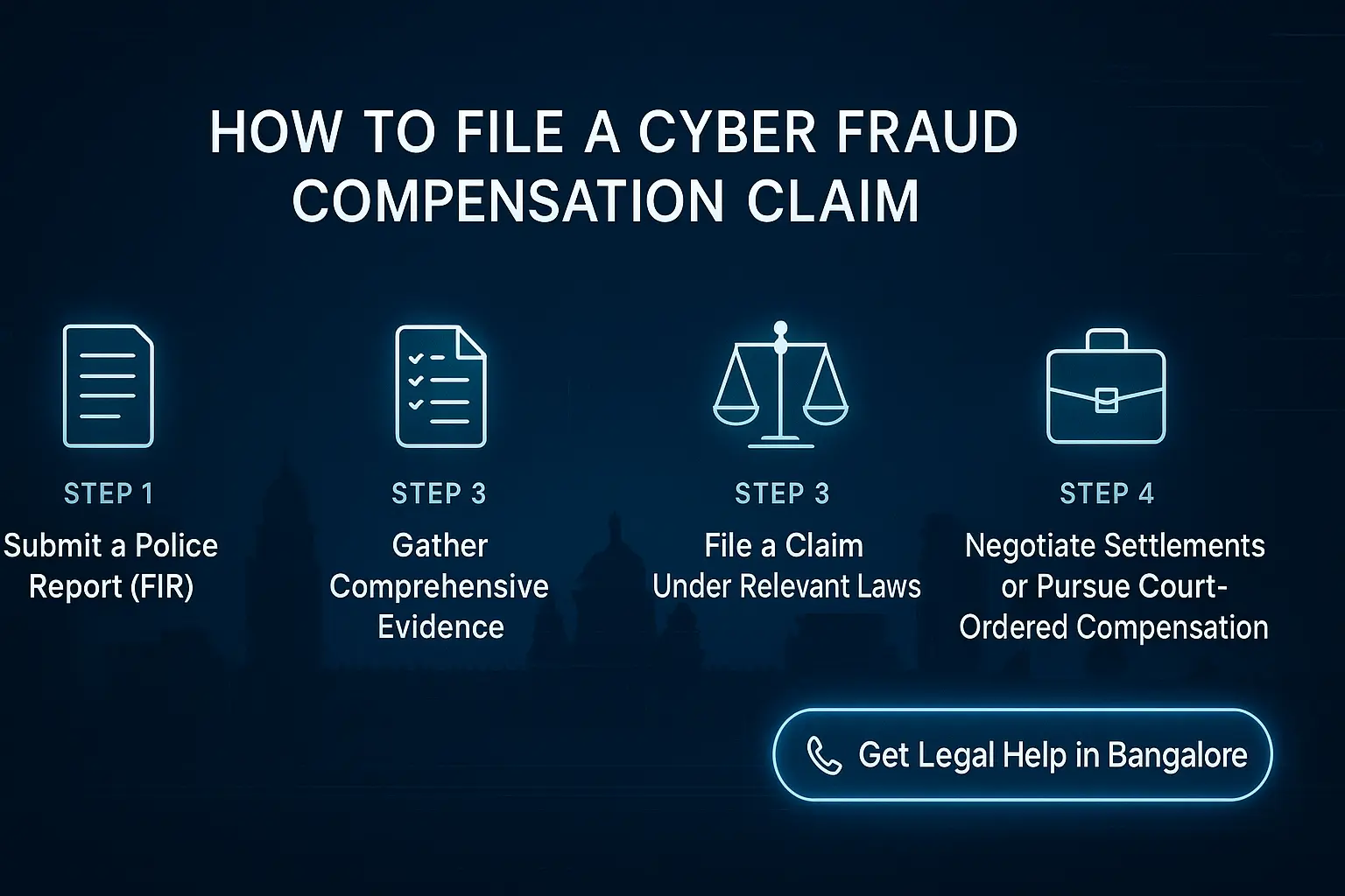 Infographic showing four steps to file a compensation claim for cyber fraud cases in Bangalore, with legal help call-to-action.
