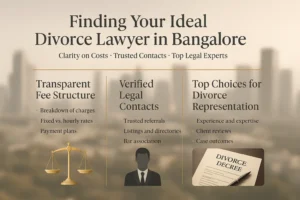 Infographic showing trusted divorce lawyers in Bangalore with fee range, contact icons, and top-rated lawyer sections in an elegant premium design.