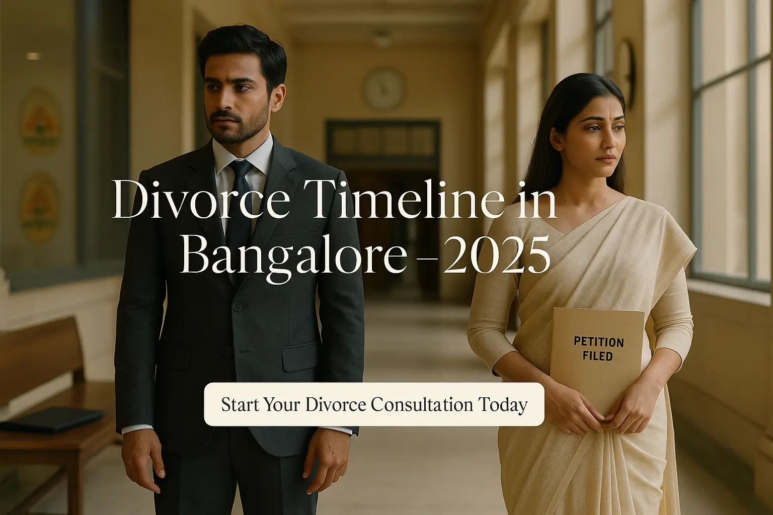 How long does a divorce take in Bangalore 2025 – Indian couple at family court with legal documents, divorce timeline visualization