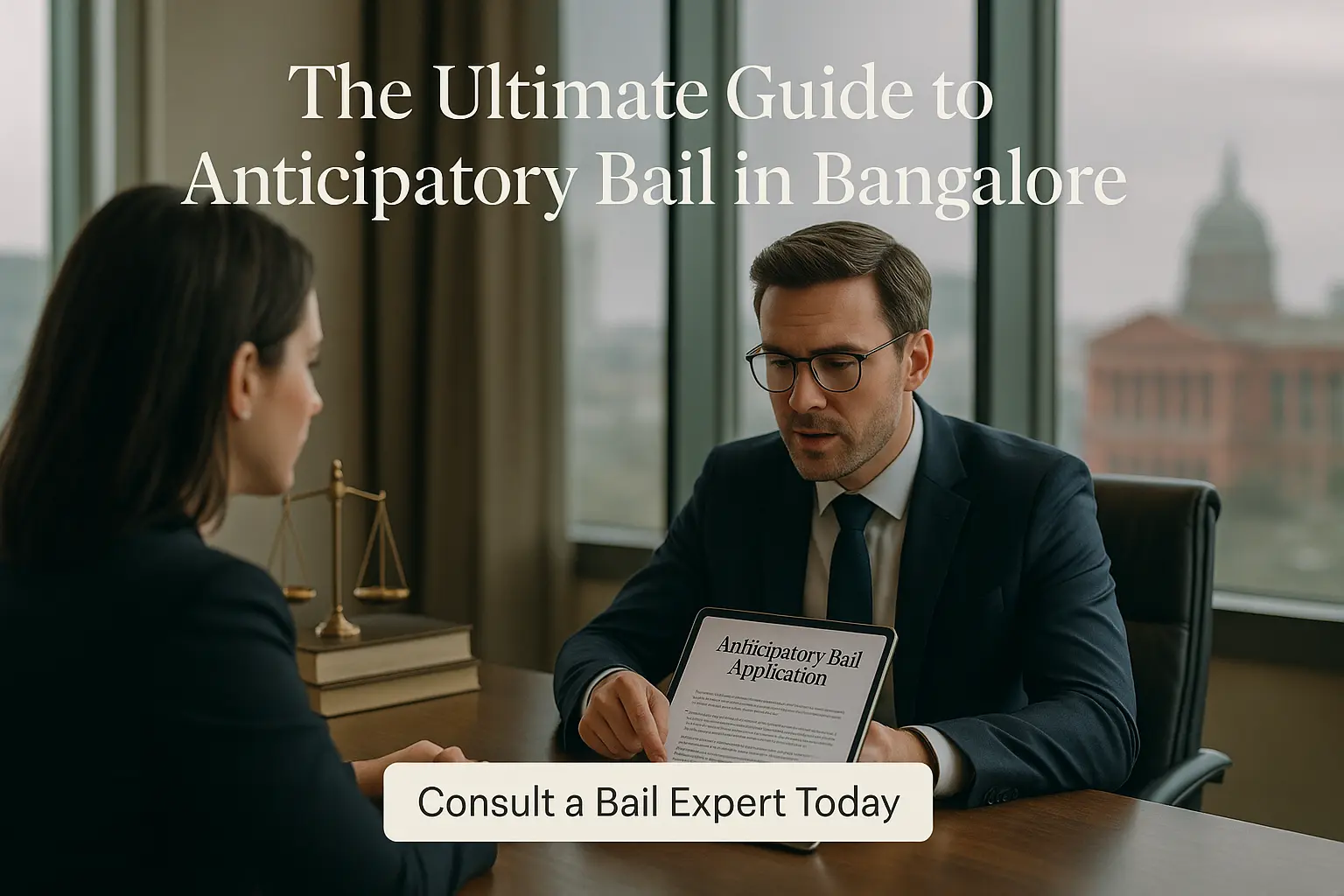 Professional legal consultation for anticipatory bail in Bangalore – lawyer explains bail application process to client in modern law office.