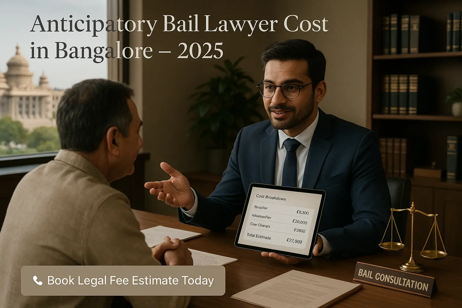 Lawyer in Bangalore explaining anticipatory bail cost in 2025 with a digital fee breakdown; legal consultation scene with visible total estimate and call-to-action for booking fee estimate.