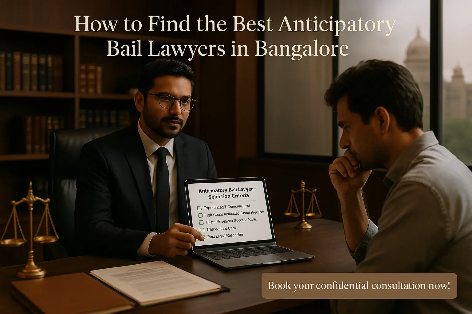 Professional anticipatory bail lawyer in Bangalore explaining checklist to client during legal consultation